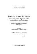 Copertina  Storia del ritorno dei Valdesi nella loro patria dopo un esilio di tre anni e mezzo (1698) : con le relazioni dei partecipanti al rimpatrio